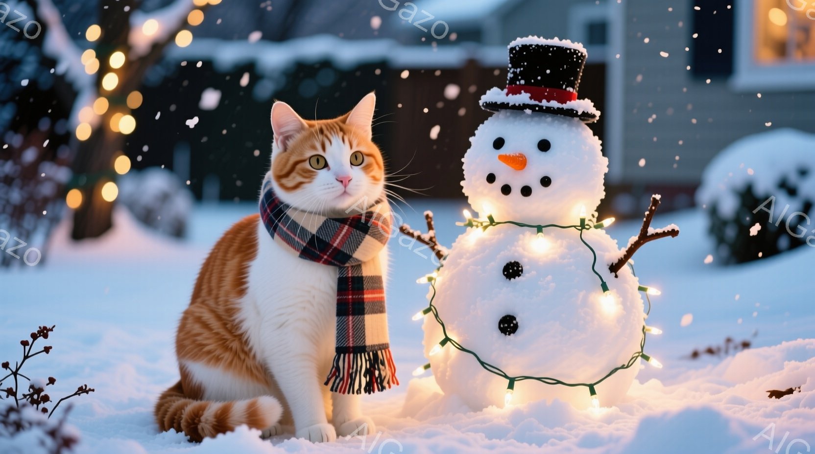 白とオレンジ色の縞模様の猫が雪の上に座り、赤と青のチェック柄のスカーフを巻いています。猫は前をまっすぐ見ており、穏やかで満足そうな表情をしています。背景には雪景色と、電飾で飾られた小さな雪だるまがあり、温かく、心地よい冬の雰囲気が漂っています。