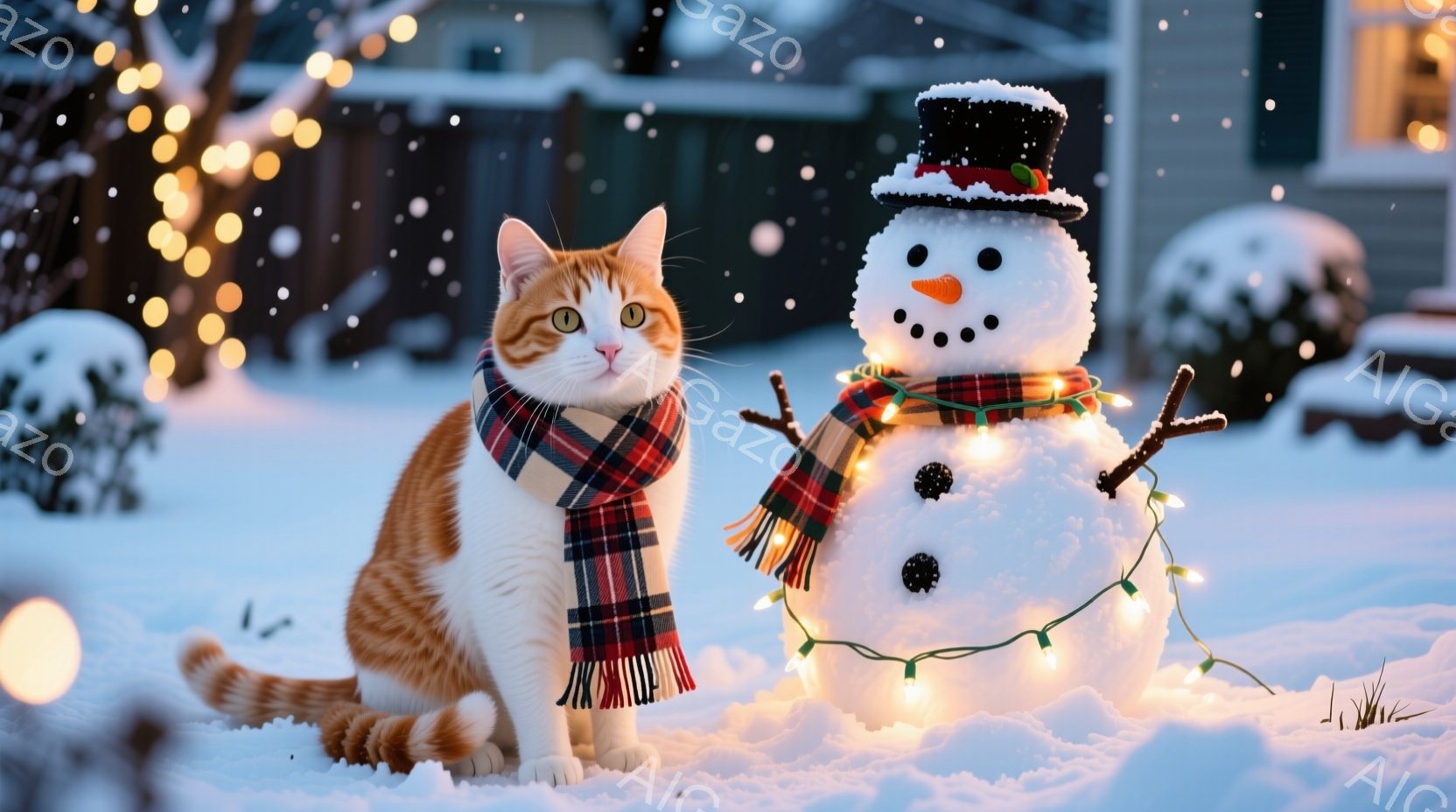 白とオレンジの縞模様の猫が雪の上に座り、首にチェック柄のマフラーを巻いています。猫は正面を見ており、穏やかな表情をしています。背景には、雪で覆われた木々、飾り付けられた雪だるま、そしてぼんやりと見える - AI生成フリー素材