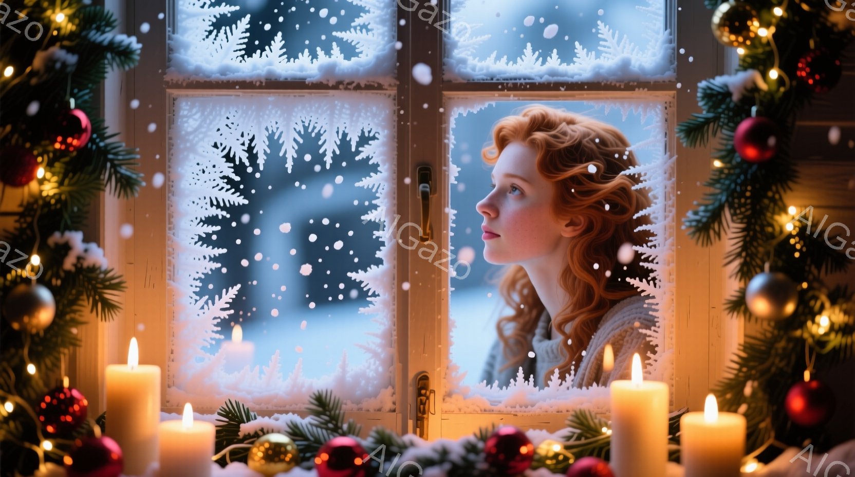 赤毛の女性が雪景色を眺めています。彼女はセーターを着ており、髪は巻いて肩にかけられています。窓の外には雪が降り積もり、背景はぼやけて冬の静けさを表現しています。 - AI生成フリー素材