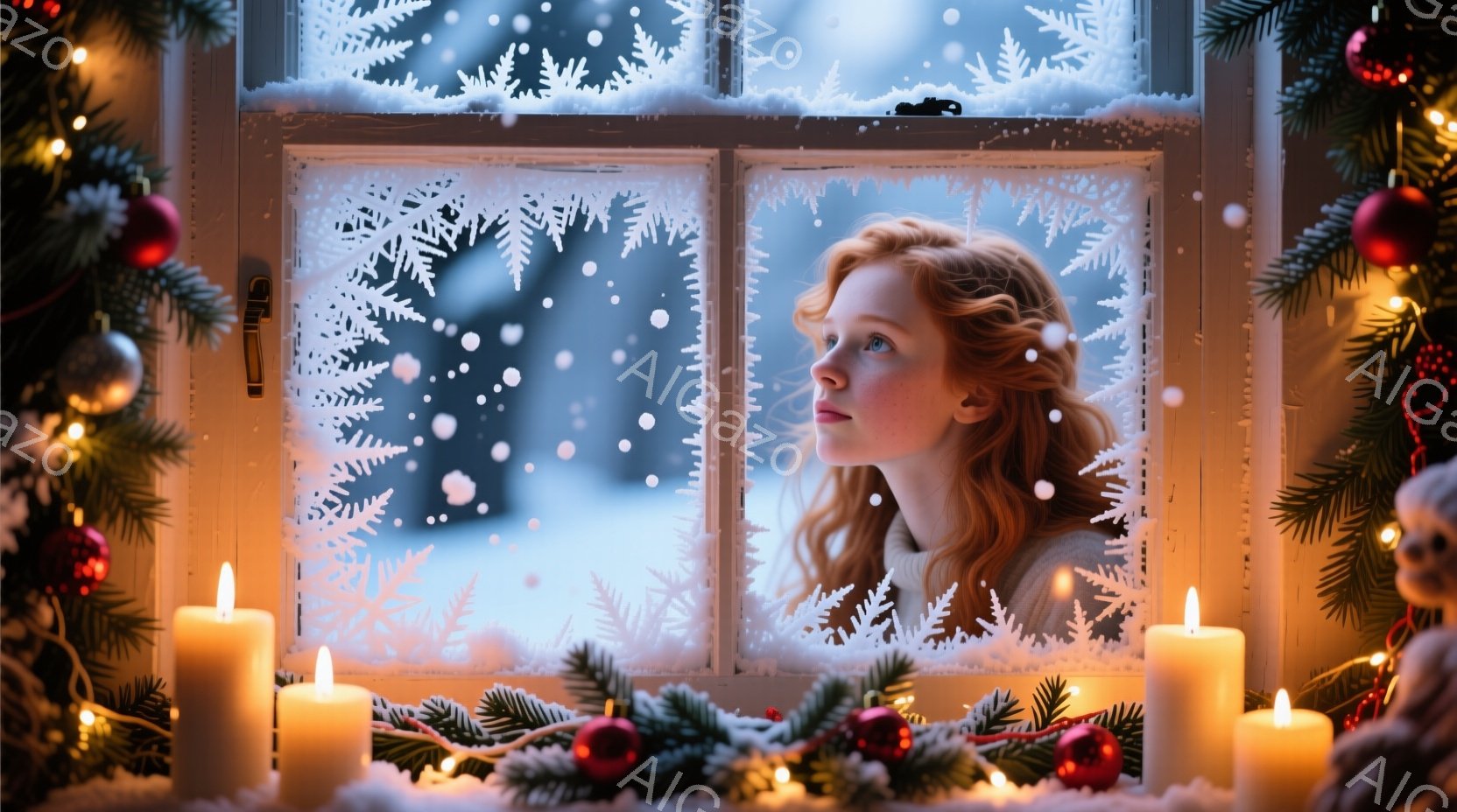 赤毛の女性が窓の外の雪景色を物憂げに見つめています。彼女はシンプルな深い緑色の服を着ており、髪はゆるやかにカールされ、顔の横に流れています。窓枠は霜で覆われ、周囲には点灯したキャンドルと装飾されたクリ - AI生成フリー素材