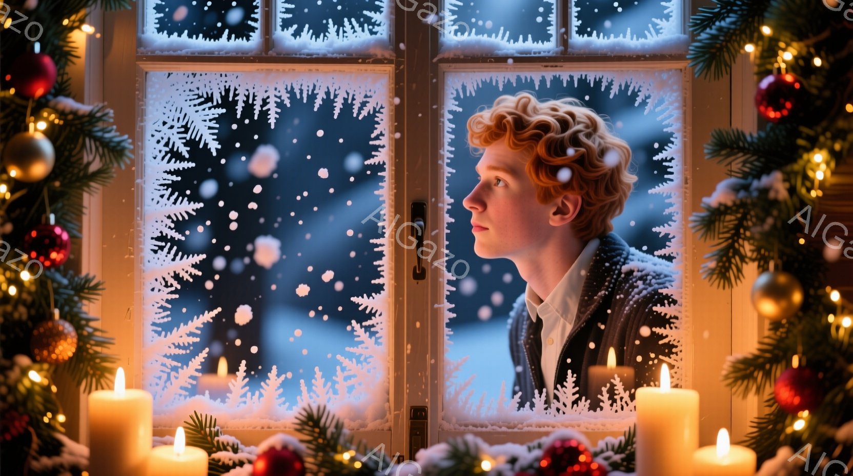 赤毛で巻き毛の男性が窓の外を物憂げに見つめている。彼はダークカラーのジャケットを着ており、表情はどこか寂しげだ。背景には雪が舞う冬景色が広がり、窓枠には霜が降り積もり、暖かく灯るキャンドルとクリスマス - AI生成フリー素材