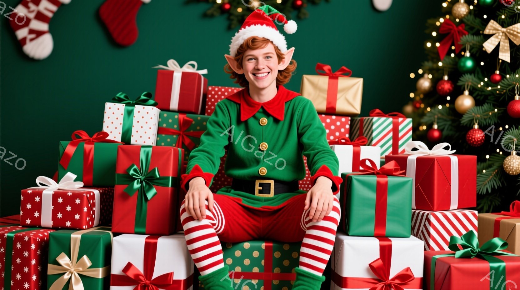 鮮やかな緑色のエルフの衣装を身につけた女性が、プレゼントの山の上に座っています。彼女は赤い縞模様の靴下を履き、赤い帽子をかぶり、笑顔でカメラを見つめています。背景にはクリスマスツリーがあり、全体的に明 - AI生成フリー素材