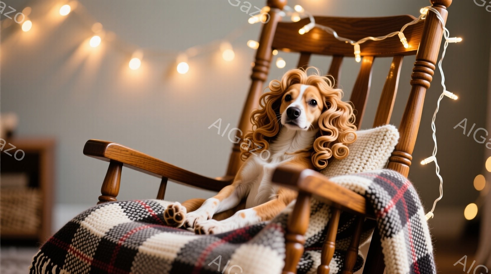 暖炉のような木製の椅子に、ふわふわの毛並みの茶色と白の犬がゆったりと座っています。犬はリラックスした表情で、足は前に伸ばし、暖かいチェック柄のブランケットに包まれています。背景にはぼやけた家具が見え、 - AI生成フリー素材