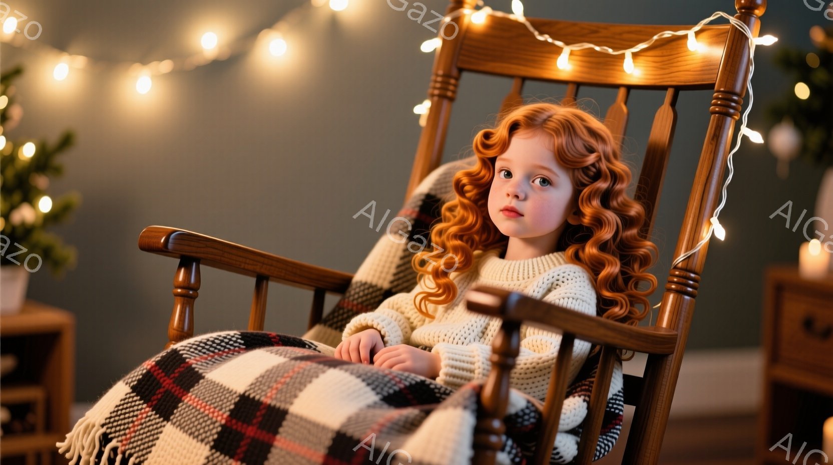 赤毛の少女が、白いセーターとチェック柄のブランケットに包まれてロッキングチェアに座っています。彼女は正面を見ており、少し困ったような、または考え込んでいるような表情をしています。背景にはクリスマスの飾り付けが施された部屋の一部が見え、温かく穏やかな雰囲気が漂っています。