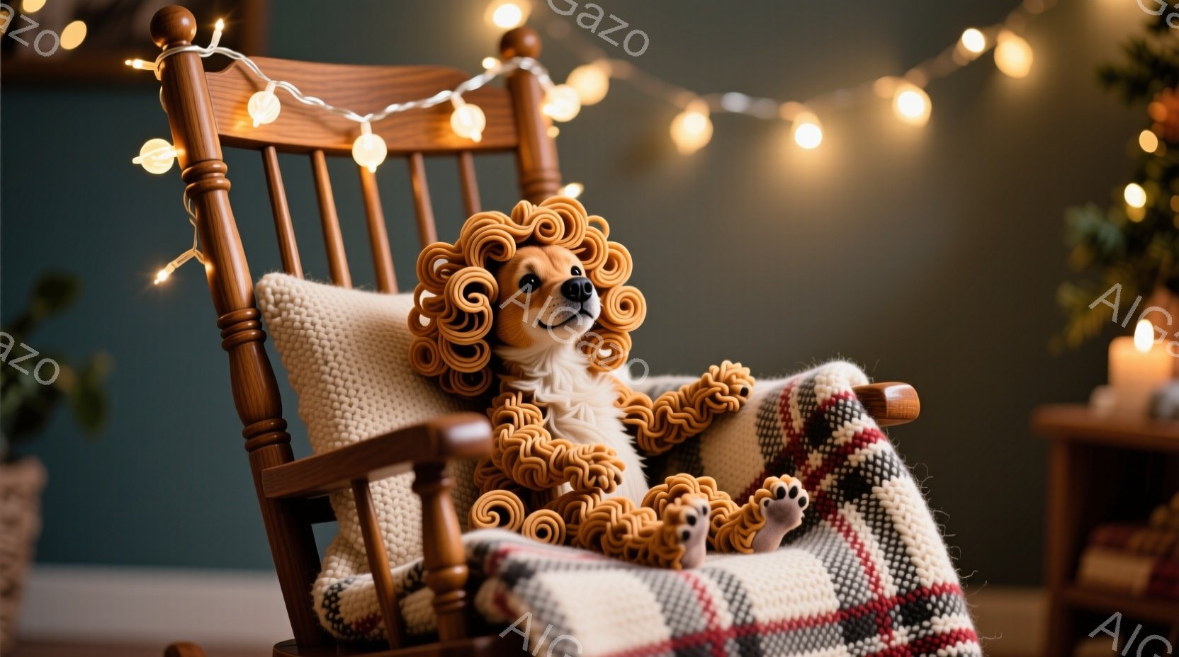揺り椅子に座った小さな犬が写っています。犬はまるでライオンのたてがみのような細長いものを身に着けており、リラックスした表情をしています。背景には木製の家具や飾り、そして暖かい光が灯っており、居心地の良い雰囲気を醸し出しています。