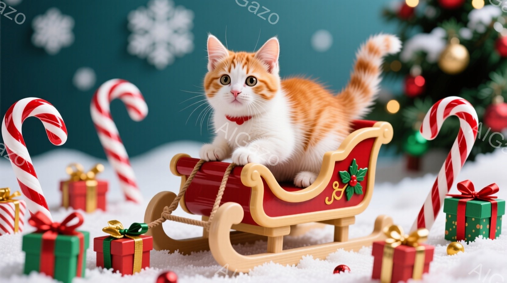 白とオレンジの毛並みを持つ子猫が、赤いそりに乗ってこちらを見ています。そりは金色の装飾が施され、クリスマスの飾りで彩られています。背景には雪が降り積もり、キャンディケーンやプレゼントボックスが散りばめられており、温かくお祝いムードに満ちた雰囲気です。