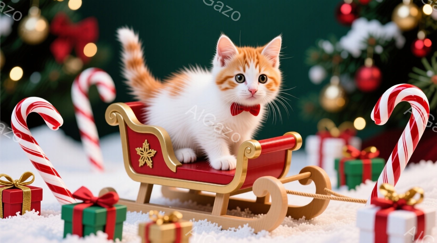 白とオレンジの毛並みを持つ子猫が、赤いそりに座ってこちらを見ています。赤い蝶ネクタイを着用しており、丸い目と少し開いた口元から、好奇心と遊び心を感じさせます。背景には、クリスマスのオーナメントやプレゼ - AI生成フリー素材