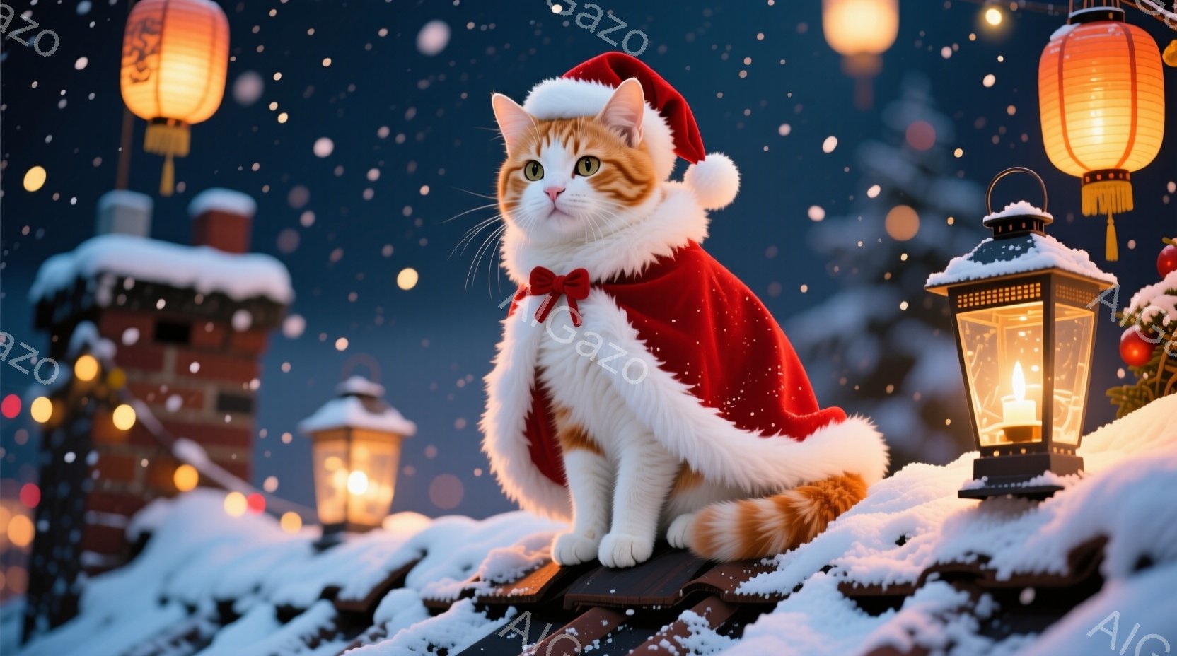 白とオレンジの毛並みの猫が、赤いサンタの衣装と帽子を身に着け、屋根の上で座っています。背景には雪が積もった建物や点灯したランタンが並び、クリスマスの夜の暖かく幻想的な雰囲気を醸し出しています。猫は穏や - AI生成フリー素材