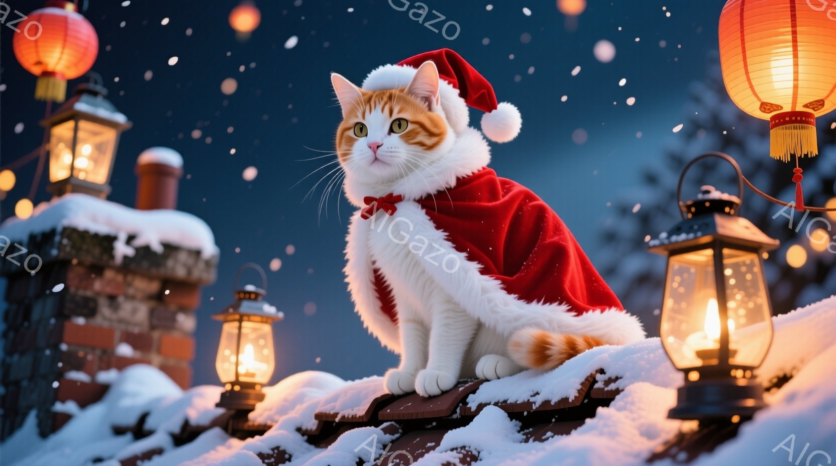 白とオレンジの毛並みを持つ猫が、赤いサンタの帽子とマントを身に着けて屋根の上に座っています。猫は前をまっすぐ見つめ、穏やかな表情をしています。背景には雪景色が広がり、点灯したランタンや煙突が暖かく幻想的な雰囲気を醸し出しています。