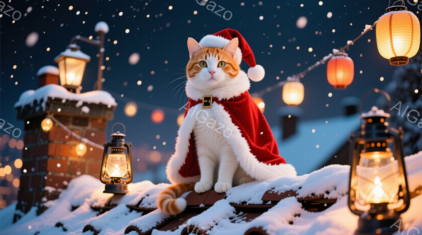 白い毛並みの猫が、サンタクロースの帽子と赤いマントを身に着けて、雪積もった屋根の上に座っています。暖炉や灯籠が周囲に配置され、雪が舞い降りる夜空が背景に広がっています。猫は前を見据え、穏やかで落ち着いた表情を浮かべており、クリスマスの温かく幻想的な雰囲気を醸し出しています。