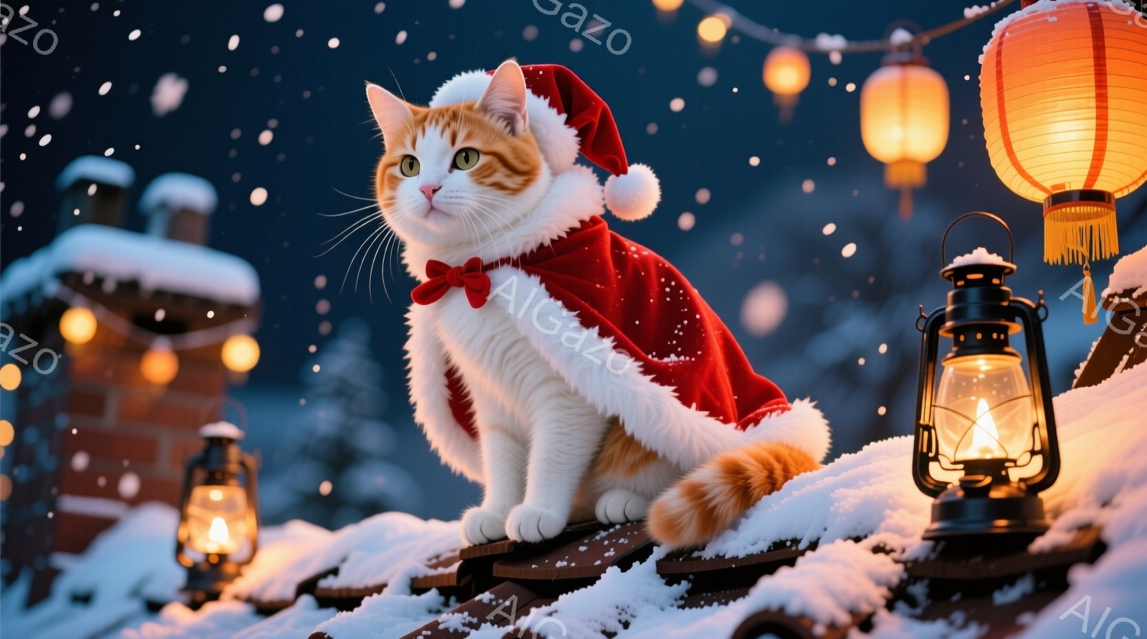 白とオレンジの毛並みを持つ猫が、赤いサンタの衣装を着て屋根の上に座っています。雪が舞う夜空の下、灯籠やランタンが暖かく光り、クリスマスの雰囲気を盛り上げています。猫は少し横を向き、どこか物憂げな表情を - AI生成フリー素材
