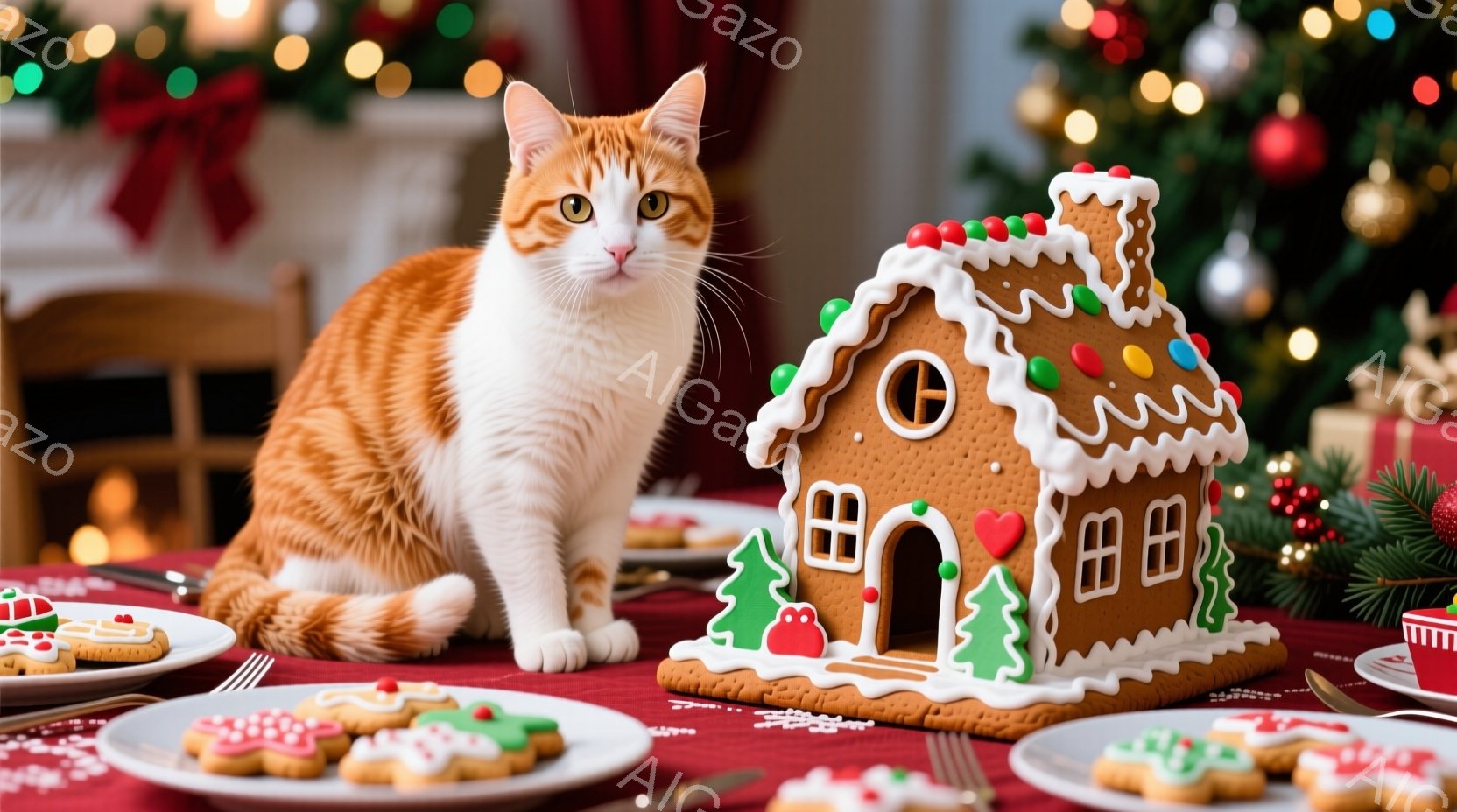 オレンジ色の毛並みの猫が、クリスマスのジンジャーブレッドハウスの隣に座って、カメラの方を見つめています。テーブルの上には、カラフルなアイシングでデコレーションされたクリスマスツリーの形のクッキーが並べ - AI生成フリー素材