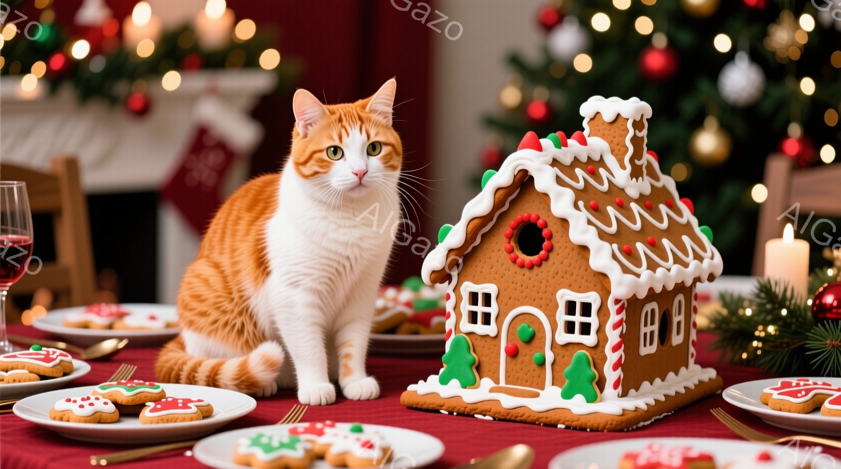 テーブルの上には、クリスマスらしいクッキーやジンジャーブレッドハウスが並び、そのそばでオレンジと白の猫が落ち着いて座っています。猫はまっすぐ前を見ており、少しばかり好奇心と落ち着きを感じさせる表情をし - AI生成フリー素材