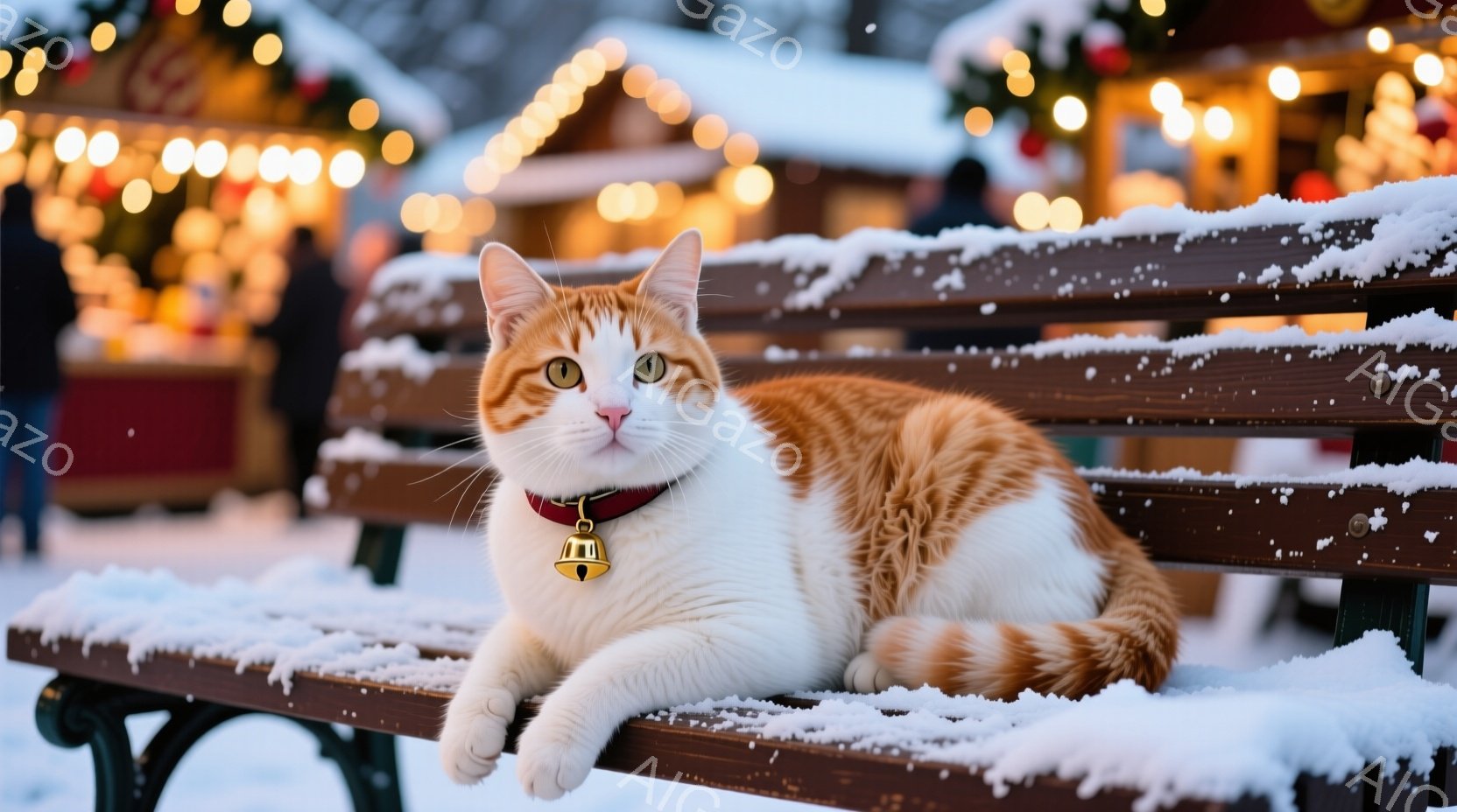 白とオレンジ色の猫が雪で覆われたベンチに横たわっています。赤い首輪と小さなベルをつけており、リラックスした表情でカメラを見ています。背景には、クリスマスマーケットのような賑やかな光景と、雪が舞う冬の夜 - AI生成フリー素材