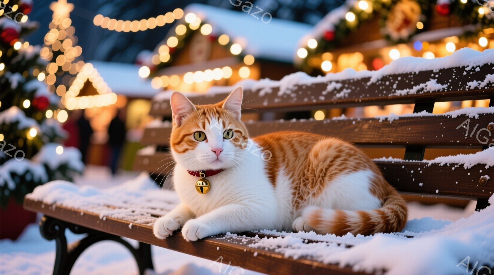 白とオレンジ色の毛並みを持つ猫が、雪で覆われた木製のベンチに横たわっています。その表情は穏やかで、首輪には小さな鈴が付いています。背景には、クリスマスのイルミネーションが輝き、雪が降り積もる冬の風景が - AI生成フリー素材
