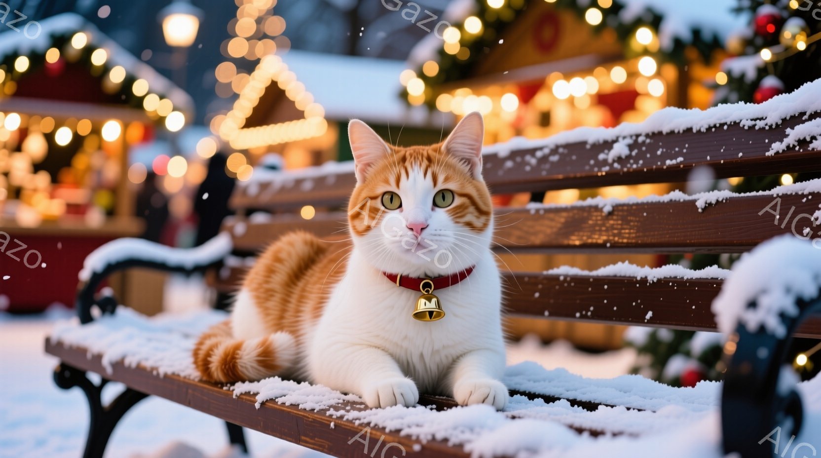 白とオレンジの毛並みを持つ猫が、雪の積もったベンチに座って正面を見ています。赤い首輪には小さな金色のベルが付いており、その表情はどこか落ち着いた様子です。背景には、キラキラと輝くイルミネーションと、ぼんやりと見える建物があり、冬の暖かい雰囲気を醸し出しています。