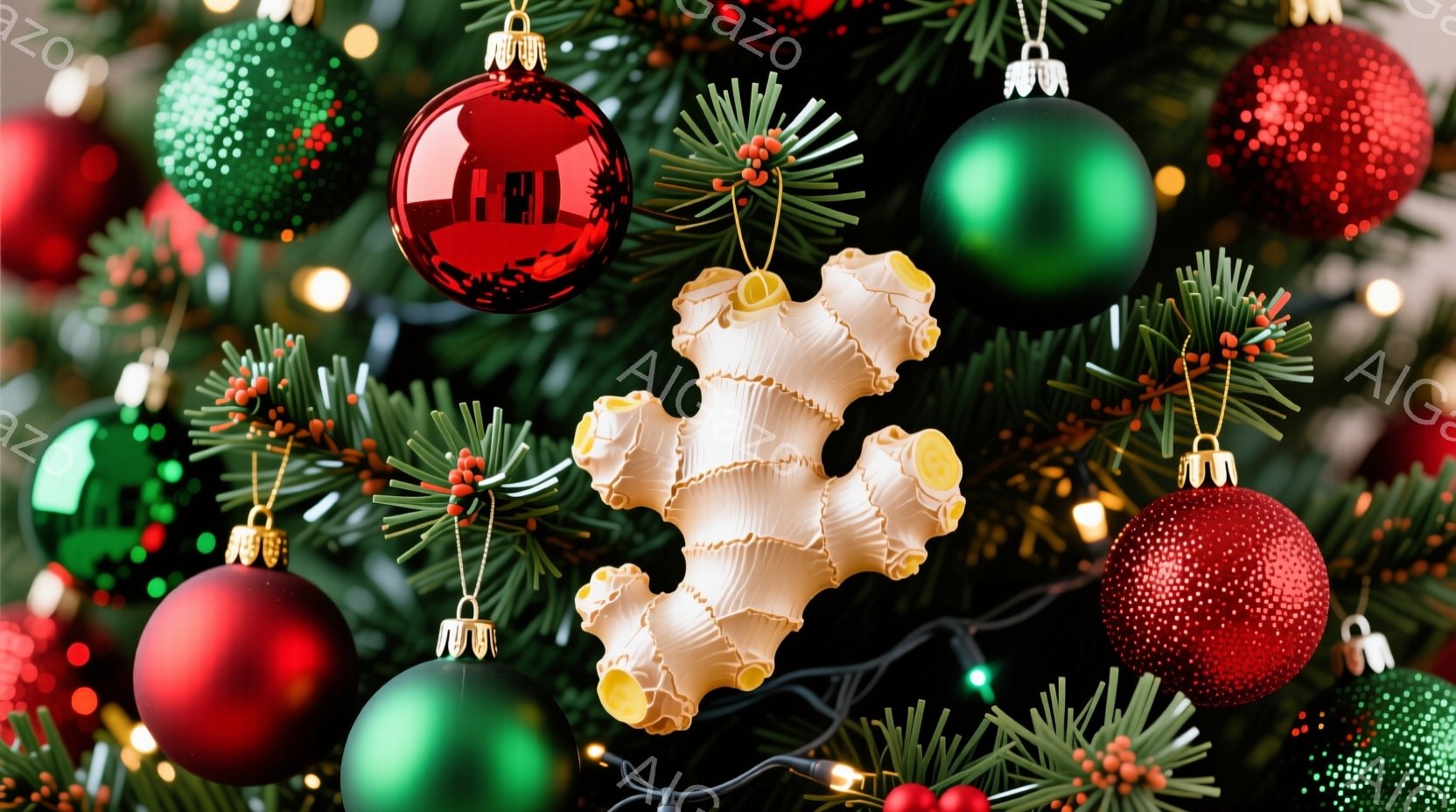 クリスマスツリーの装飾が写っており、赤い、緑色の光沢のあるオーナメントボールと、ユニークなパスタの形をした飾りが見えます。背景は深い緑の葉で覆われ、小さな赤いベリーがアクセントとして添えられています。全体的に、温かく、遊び心のあるクリスマスの雰囲気が漂っています。