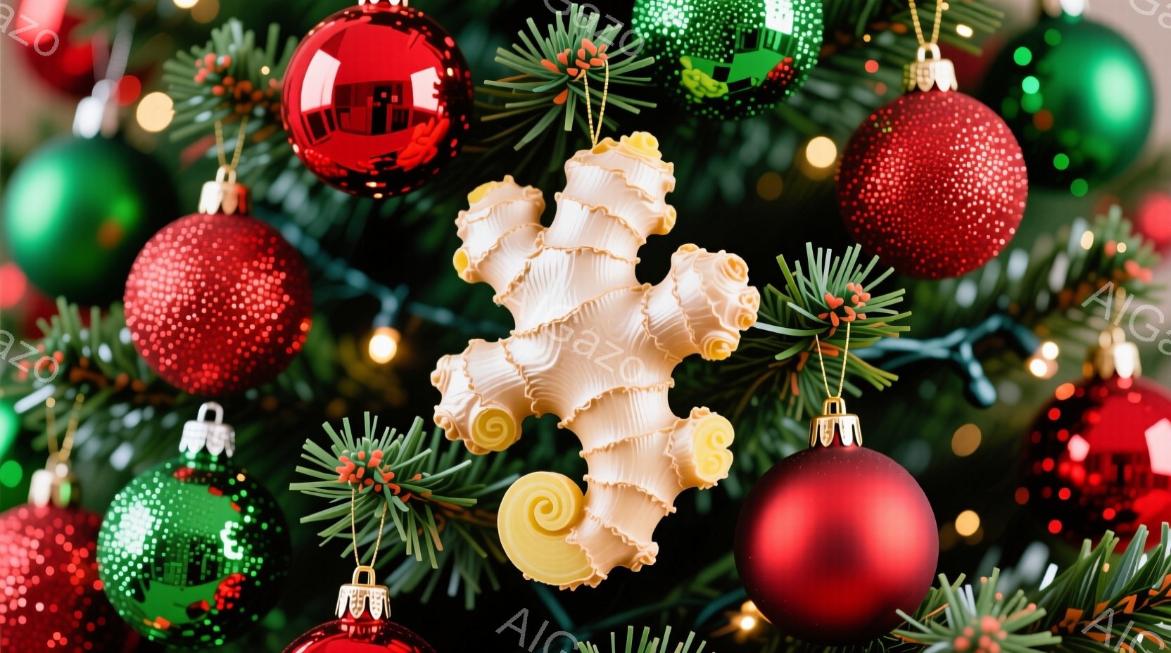 クリスマスツリーの装飾が写っており、赤い、緑色、黄色のオーナメントが枝に飾られています。特に目立つのは、パスタの形をしたユニークなオーナメントで、クリスマスツリーの緑と鮮やかな色の対比が印象的です。全 - AI生成フリー素材