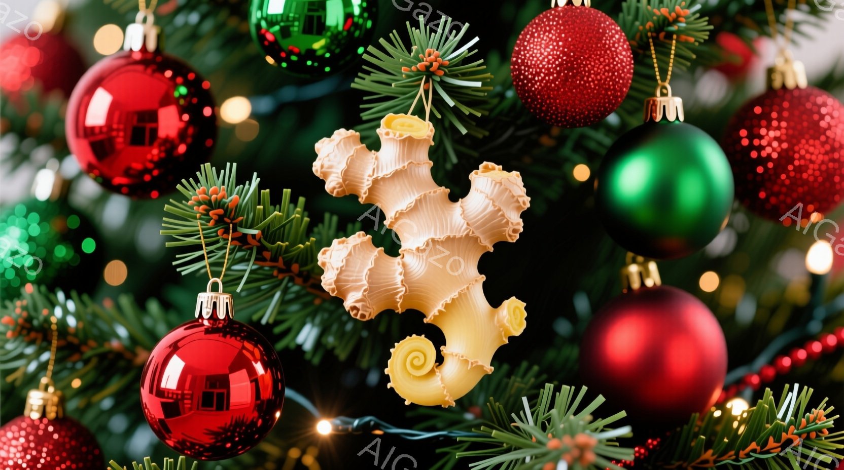 クリスマスツリーの枝に、様々な色のオーナメントが飾られています。赤い家型のオーナメント、緑色の丸いオーナメント、そして、パスタの形をしたユニークなオーナメントが目立ちます。背景は暗く、ツリーの緑とオーナメントの色が鮮やかに映え、お祝いムードが高まっています。