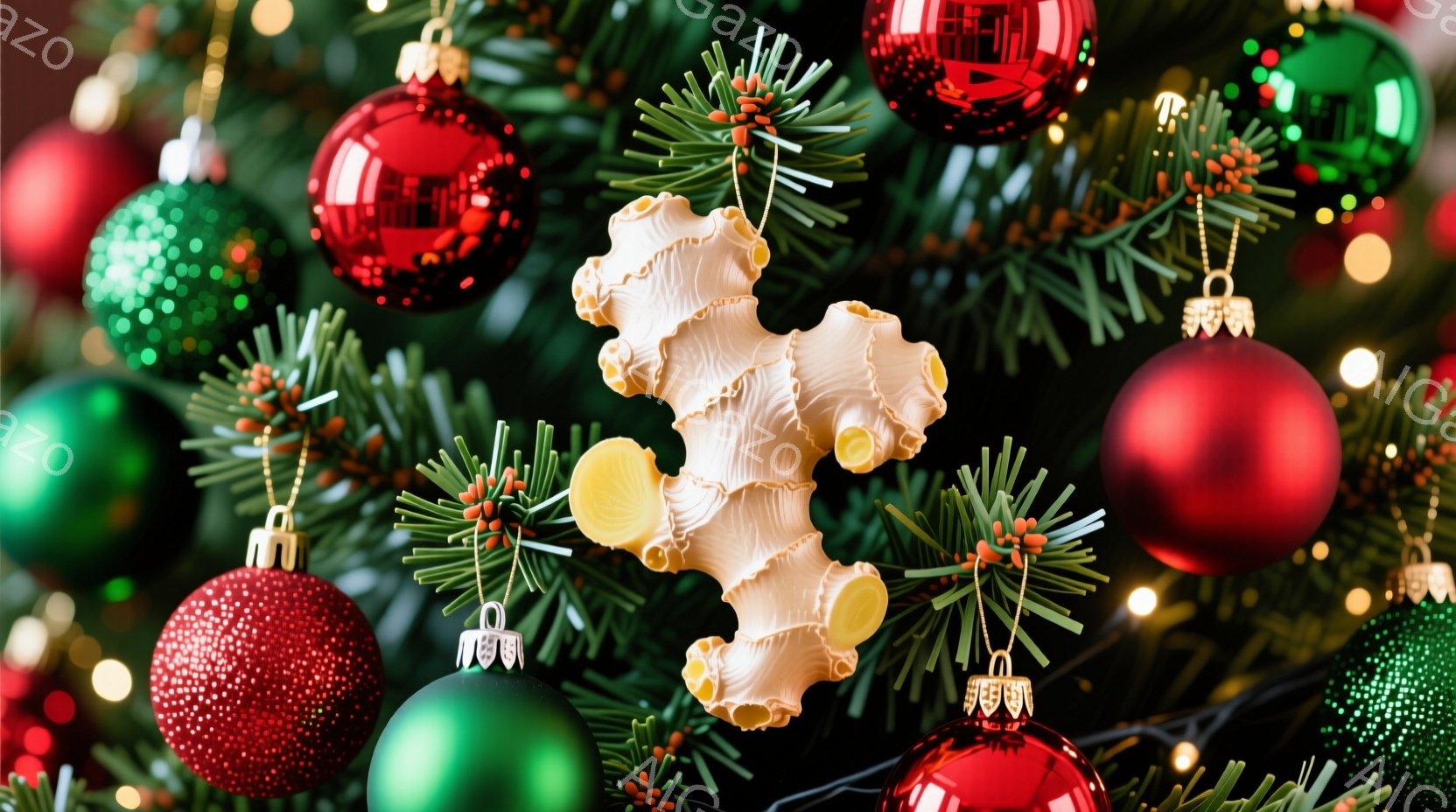 クリスマスツリーの枝に、様々な色のクリスマスオーナメントが飾られています。特に目立つのは、パスタのような形をしたオーナメントで、クリーム色をしており、周囲の赤い、緑の、光沢のあるオーナメントと対照的です。背景には緑の葉が密集し、暖かく、お祝いムードに満ちた雰囲気を作り出しています。