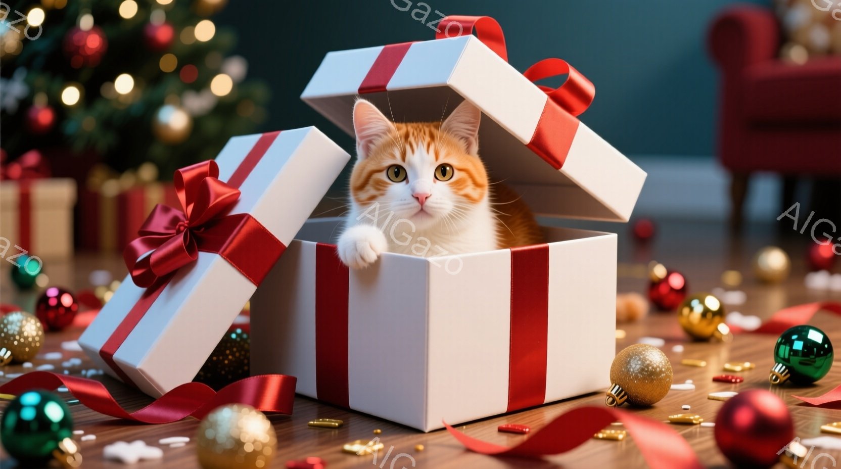 白と赤のストライプのギフトボックスの中から、オレンジ色の毛並みをした子猫が顔を出しています。子猫は緑色の目を輝かせ、いたずらっぽい表情でこちらを見ています。背景にはクリスマスツリーがぼやけて見え、床に - AI生成フリー素材