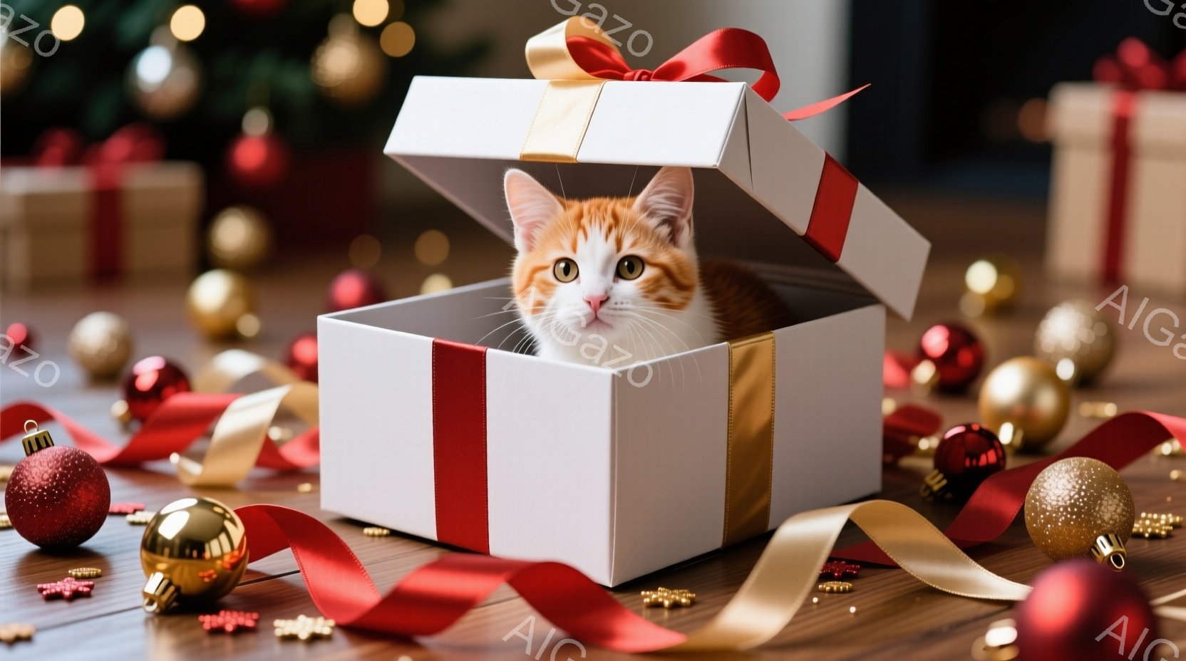 オレンジ色の毛並みの猫が白いギフトボックスの中に座っており、好奇心と遊び心にあふれた表情でカメラを見つめています。 背景には、赤や金色のクリスマスオーナメントが散りばめられ、赤いリボンが優雅に配置されています。 全体的に、暖かく、お祝いの雰囲気が漂う、クリスマスのシーンです。