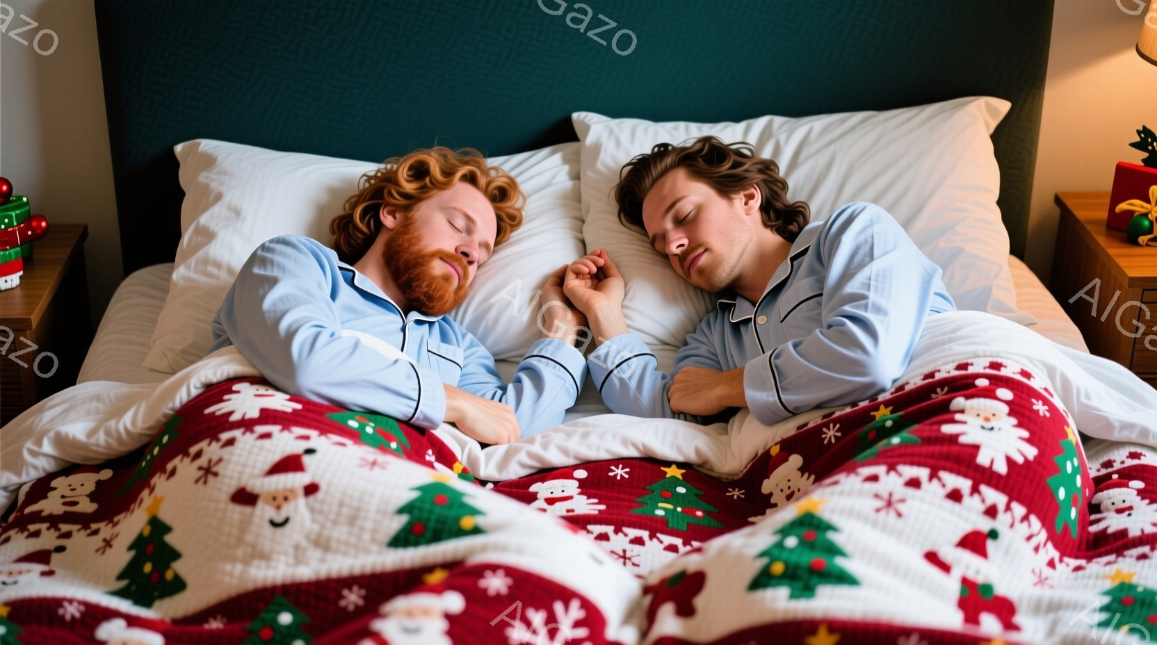 2人の男性がベッドで眠っている。彼らは青いパジャマを着ており、片方は赤毛でひげを生やし、もう片方は茶色の髪をしている。ベッドにはクリスマス柄のブランケットが掛けられており、背景にはクリスマスツリーやプレゼントが見える、温かく、平和な雰囲気である。