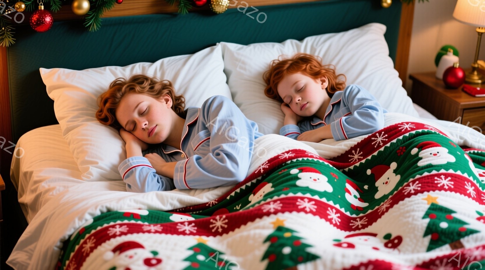 赤毛の双子の子供たちが白いベッドで眠っている。青いパイジャマを着ており、それぞれ顔をベッドに埋めてリラックスした表情をしている。背景にはクリスマスツリーやオーナメントが見え、赤いサンタクロースと緑のク - AI生成フリー素材