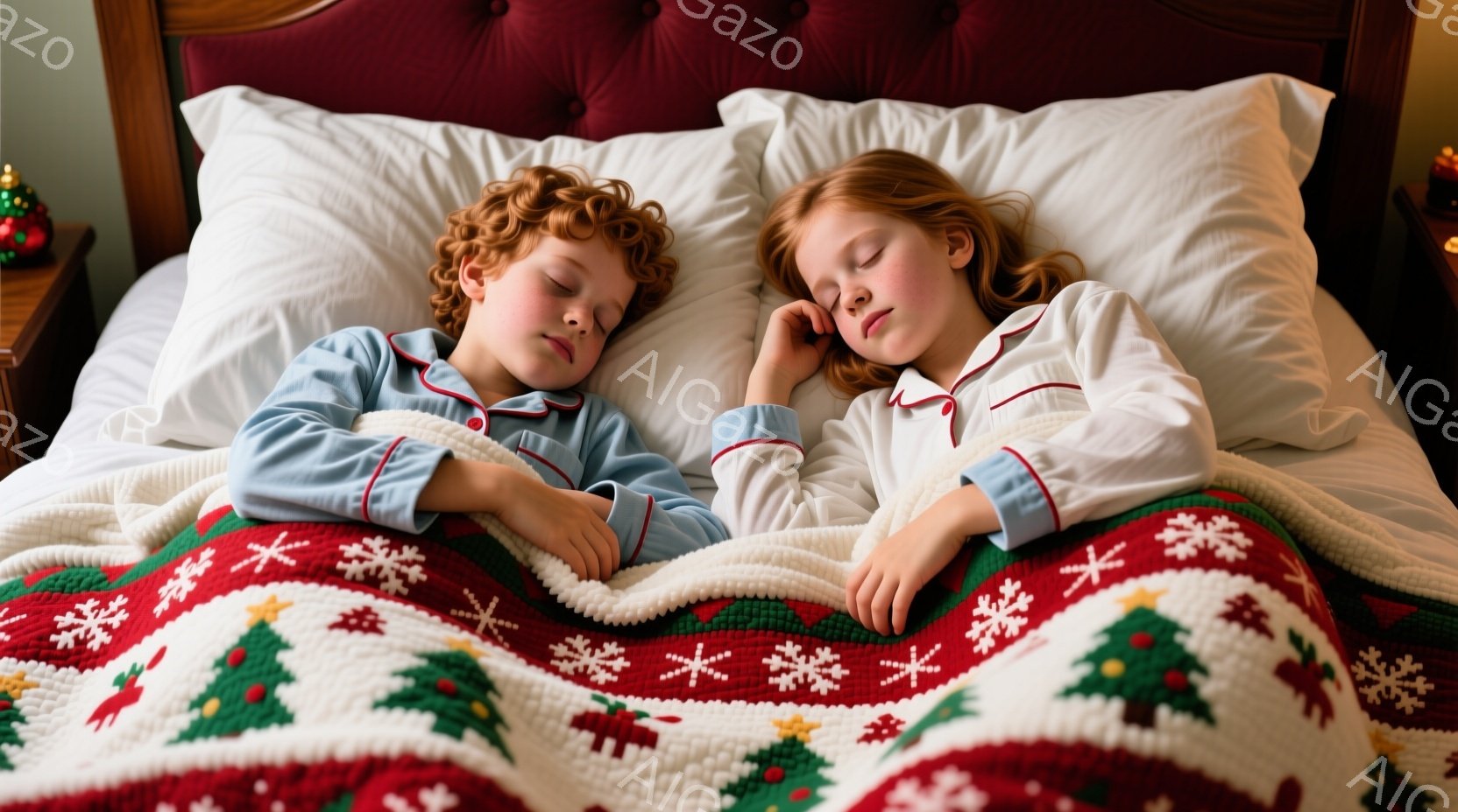 2人の子供がベッドの上で眠っています。男の子は水色のパジャマを着ており、カールした茶色の髪をしています。女の子は白いパジャマを着ており、長い茶色の髪をしています。赤い背景のベッドカバーには、クリスマスのツリーや雪の結晶の模様が施されています。