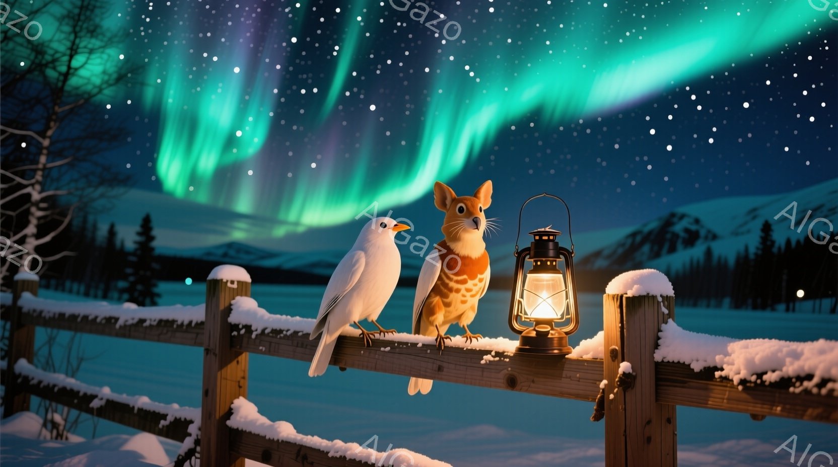 雪に覆われた木製の柵の上には、白い鳥とオレンジ色の鳥が並んで立っています。背後には暗い森と、緑と紫のオーロラが輝く夜空が広がり、遠くに小さな光が見えます。全体的に、静かで幻想的な冬の夜の雰囲気が漂って - AI生成フリー素材