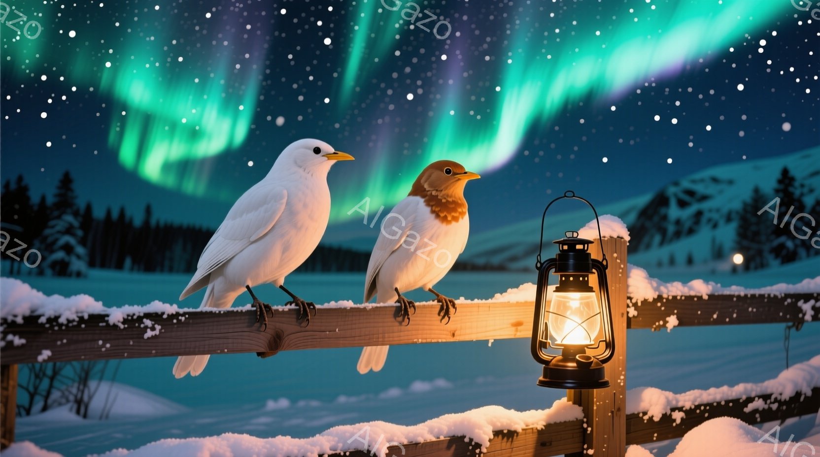 白い鳥2羽が雪に覆われた木の柵に並んで座っており、片方の鳥は喉が赤く染まっています。背景には暗い森と、緑と紫のオーロラが幻想的な夜空を彩っています。雪景色と灯りの灯るランタンが、静かで温かい冬の雰囲気 - AI生成フリー素材