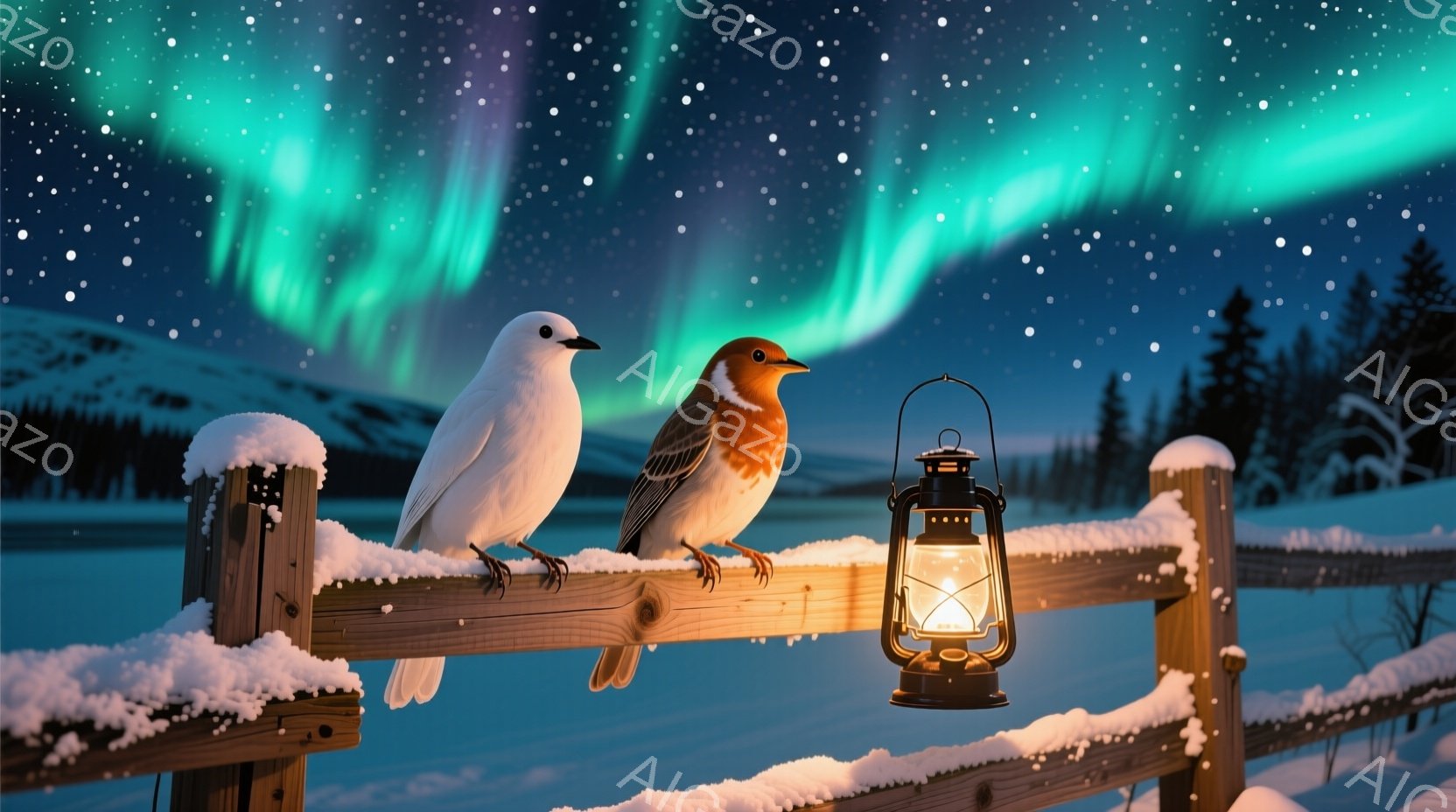 白い鳥と茶色の鳥が雪の積もった木の柵に並んで止まっています。背景には、緑と紫のオーロラが広がる夜空と、雪に覆われた冬の風景が広がっており、暖かく光るランタンが冬の静けさの中に温もりを添えています。全体 - AI生成フリー素材