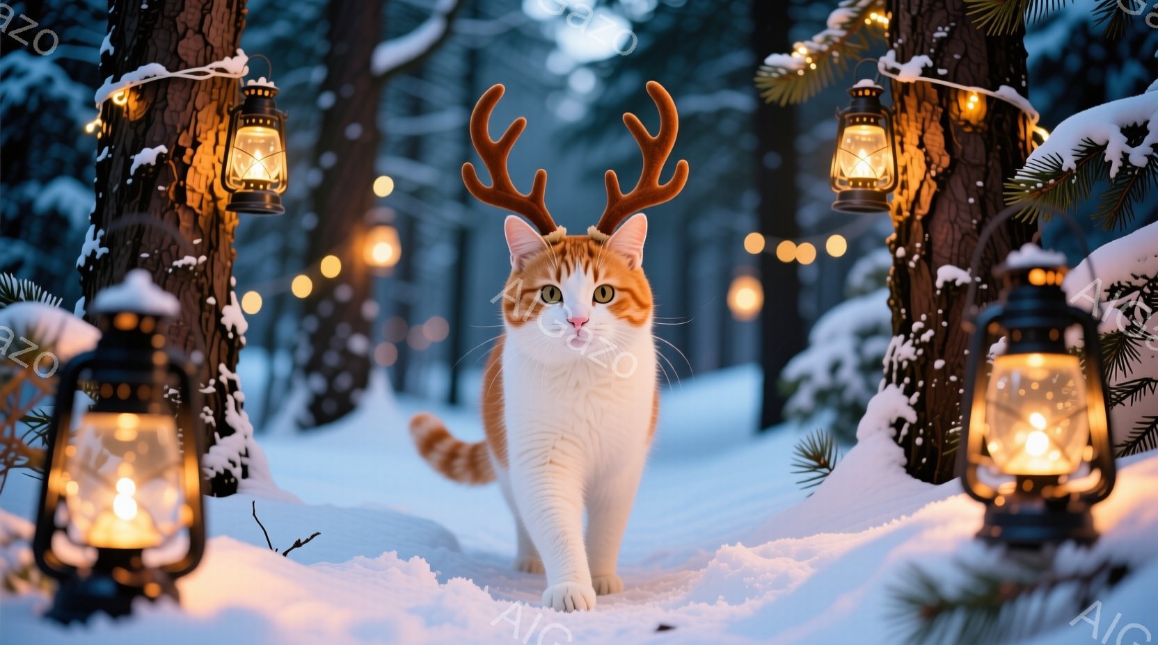 白とオレンジの猫が、頭に角のようなものを付けて雪の中をまっすぐ歩いてくる。背景には雪に覆われた木々と、灯りがともったランタンが並び、幻想的な冬の雰囲気を醸し出している。猫の表情は穏やかで、どこか自信に - AI生成フリー素材