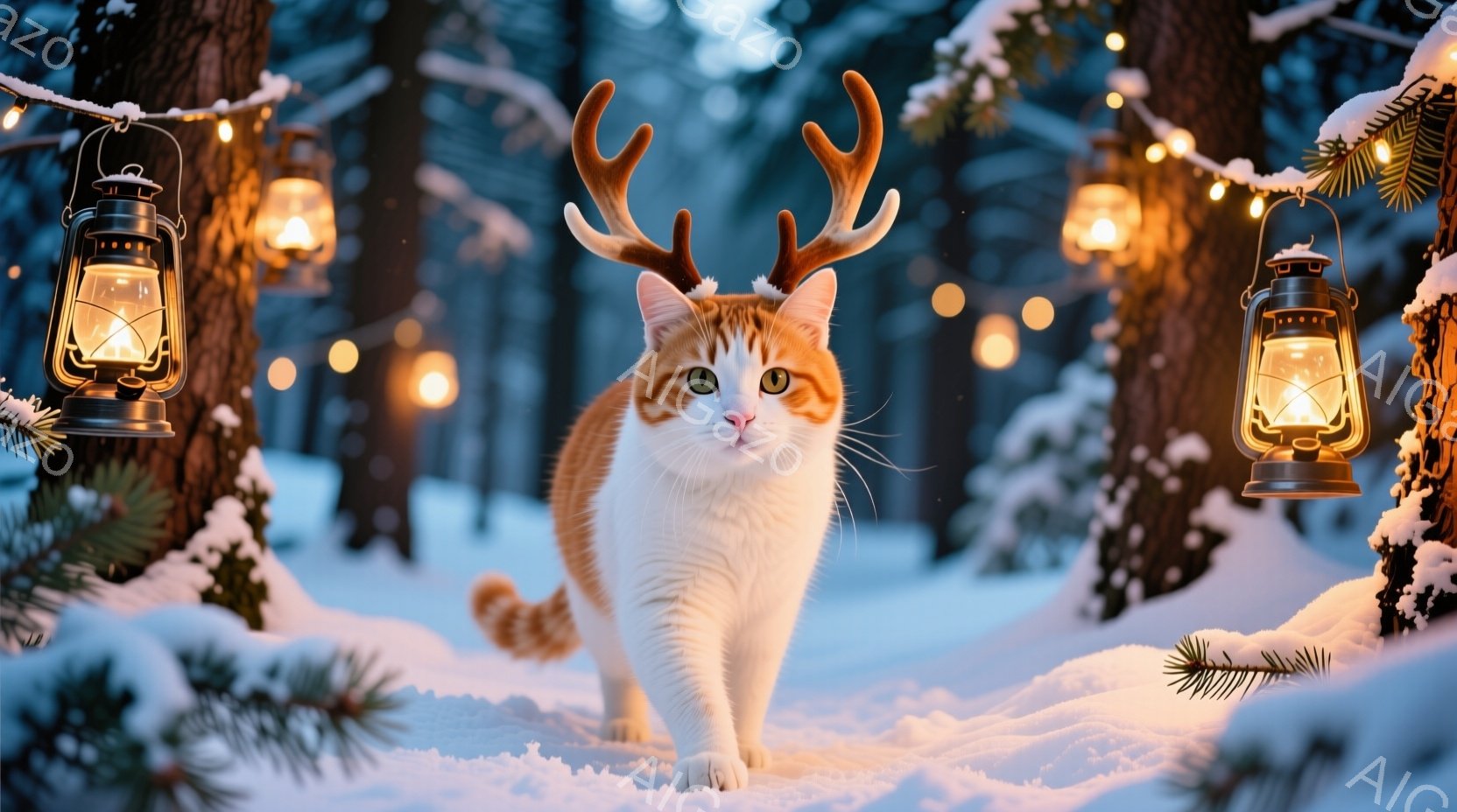 白とオレンジ色の猫が雪景色の中を歩いている。頭には小さな角飾りをつけており、いたずらっぽい表情でこちらを見ている。背景には、光るランタンと雪に覆われた木々があり、冬の静かで幻想的な雰囲気を醸し出してい - AI生成フリー素材