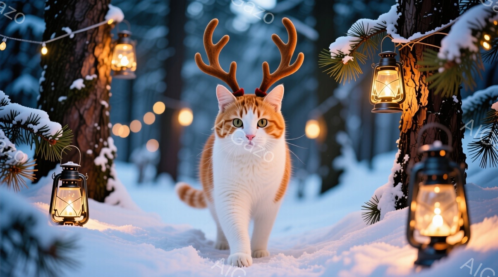 白とオレンジ色の毛並みの猫が、頭に角のような飾りを付けて雪の中を歩いています。背景には雪に覆われた木々と、温かい光を放つランタンが並び、冬の静寂と温かさを感じさせる幻想的な雰囲気です。猫は前方をまっす - AI生成フリー素材