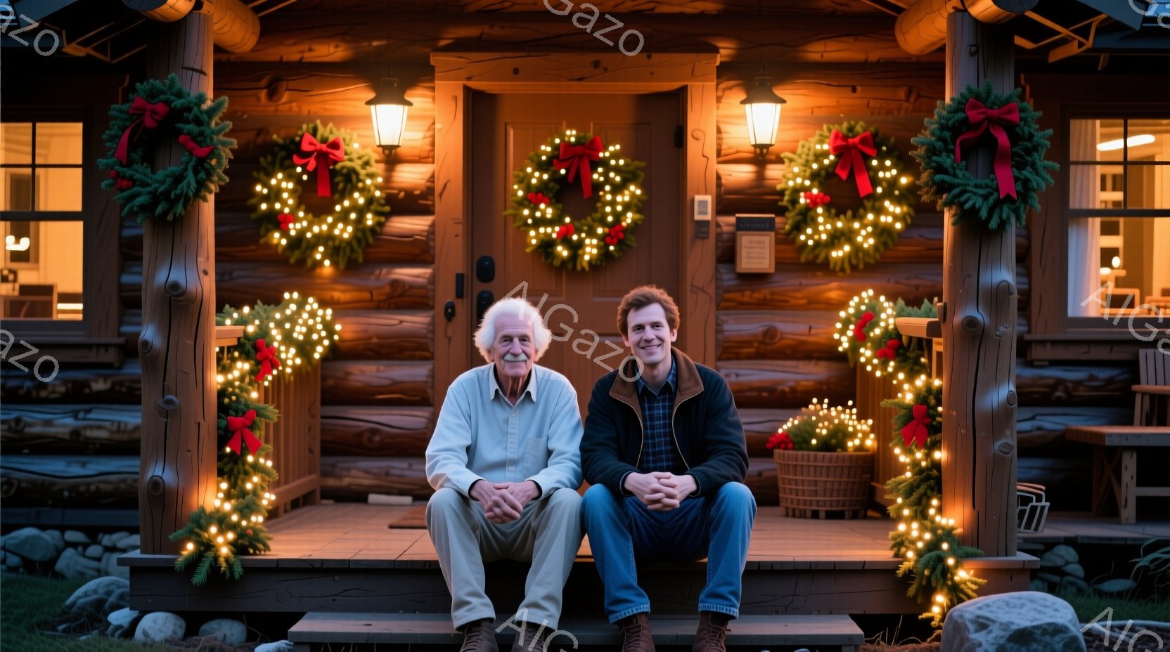暖炉のような木造の建物の玄関先に、二人の男性が腰掛けています。左側の男性は白髪で、セーター姿、穏やかな表情をしています。右側の男性はダークカラーのジャケットとジーンズを着ており、少し微笑んでいます。建 - AI生成フリー素材