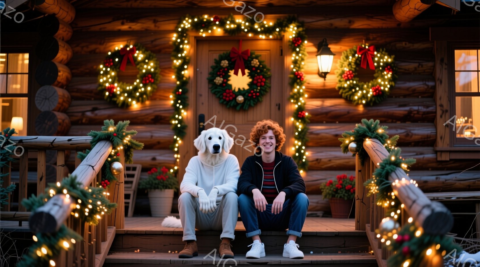 暖炉のような木造の建物の階段に、巻き毛の若い男性と白い犬が並んで座っています。男性は紺色のストライプのシャツとグレーのズボンを着用し、犬は白いセーターを着ています。背景にはクリスマス装飾が施された玄関があり、温かい光が灯り、ホリデーシーズンらしい和やかな雰囲気が漂っています。