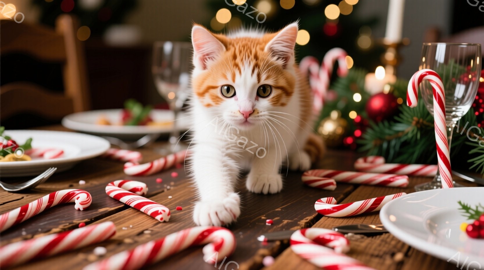 白とオレンジ色の縞模様の小さな子猫が、クリスマスを祝うテーブルの上を前足で歩いています。テーブルの上には、折れたキャンディケーンや装飾が散らばっており、背景にはぼやけたクリスマスツリーとキラキラ光るラ - AI生成フリー素材