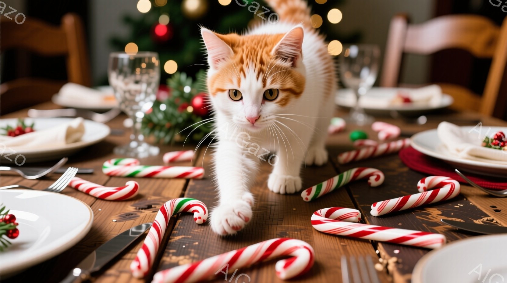 茶色と白のまだら模様の猫が、クリスマスの飾り付けられたテーブルの上を歩いています。テーブルにはキャンディケーンや銀器が散らばっており、背景にはぼやけたクリスマスツリーが見えます。全体的に暖かく、遊び心 - AI生成フリー素材