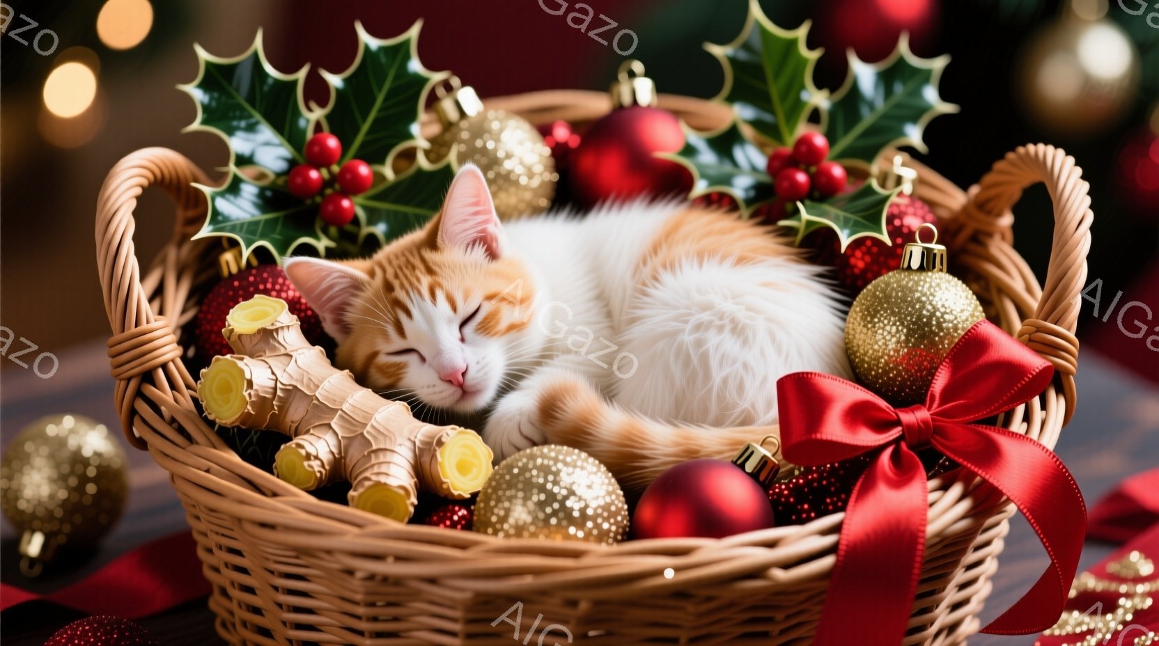 オレンジ色の縞模様の猫が、クリスマスオーナメントや赤いリボンで飾られた籐のバスケットの中で眠っています。猫は横になって目を閉じ、リラックスした様子で、背景にはぼやけたクリスマスツリーの飾りが見えます。全体的に、暖かく、居心地の良い、お祝いの雰囲気です。