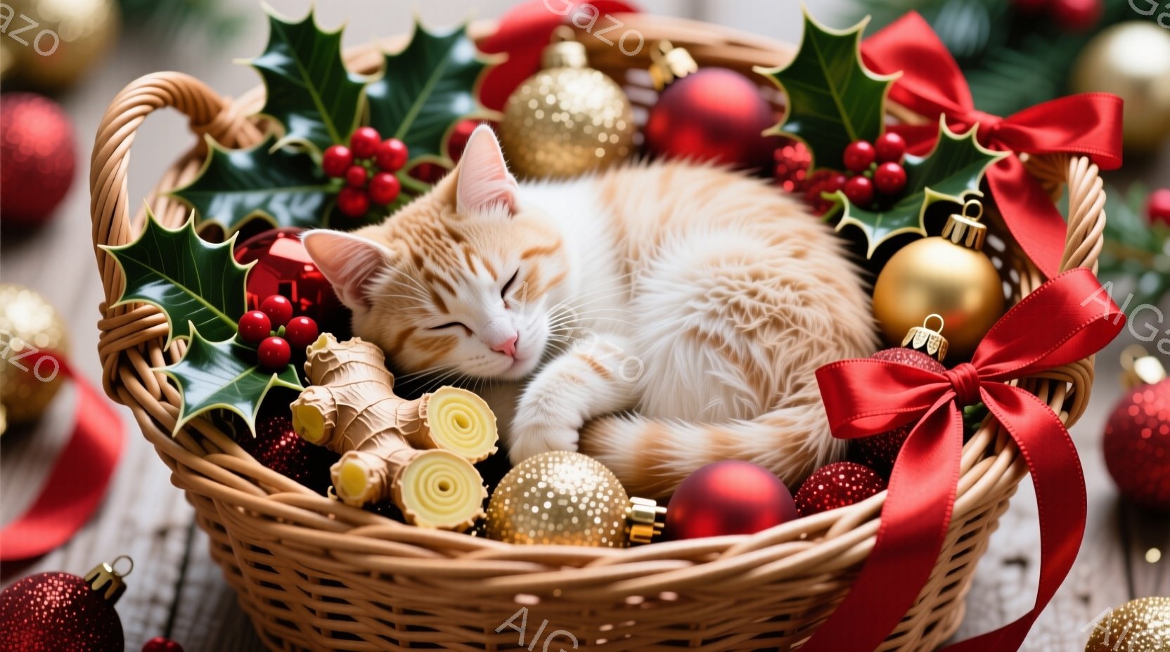 籠の中に、オレンジ色の毛並みの猫が丸まって眠っています。籠の周りには、赤い実の付いた葉、金色のオーナメント、赤いリボンなどが飾られており、クリスマスの雰囲気を醸し出しています。全体的に暖かく、可愛らし - AI生成フリー素材