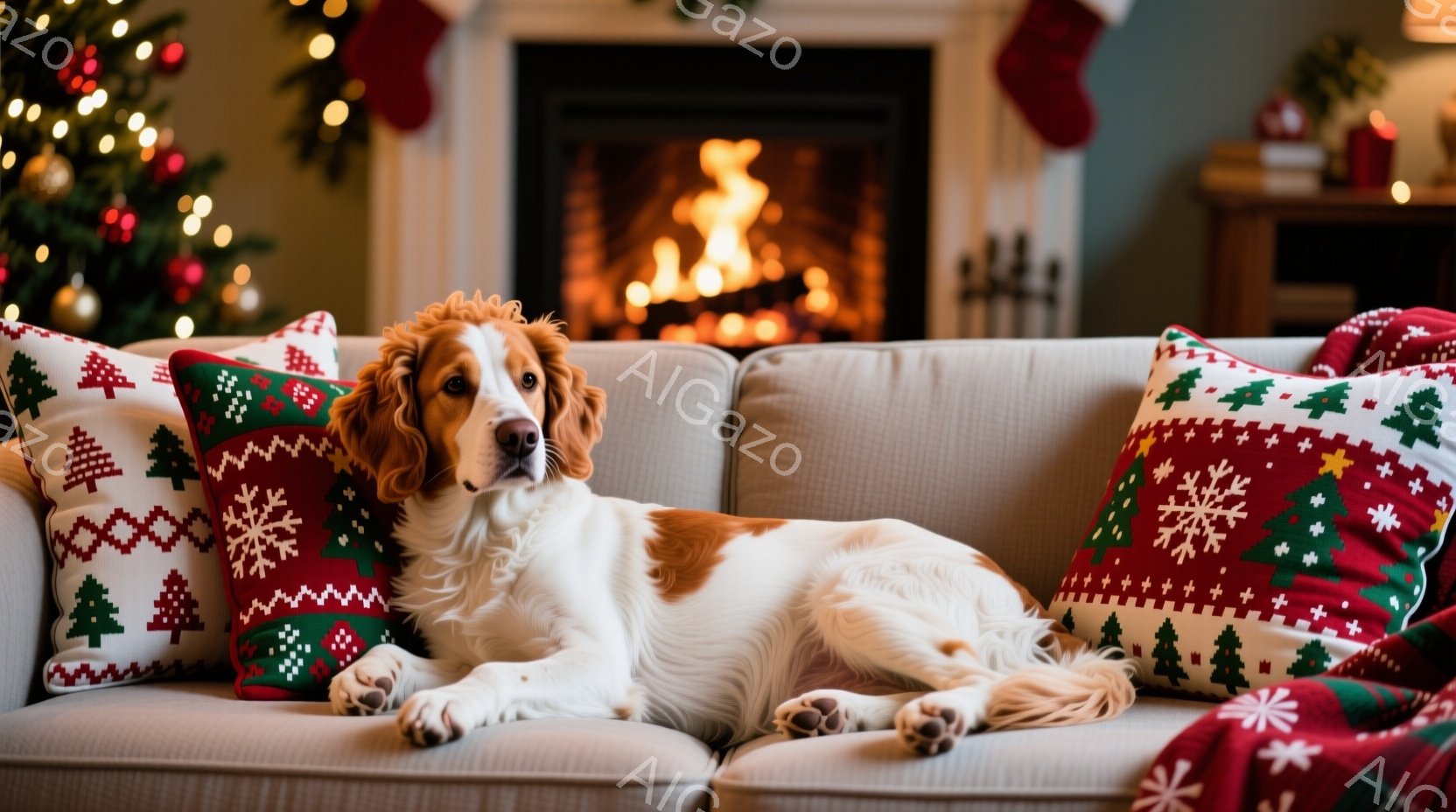 白とオレンジ色の毛並みの犬が、クリスマス柄のクッションに囲まれた灰色のソファに横たわっています。暖炉が燃え盛る背景には、クリスマスツリーの飾りが光り、祝祭の温かい雰囲気を醸し出しています。犬はリラック - AI生成フリー素材