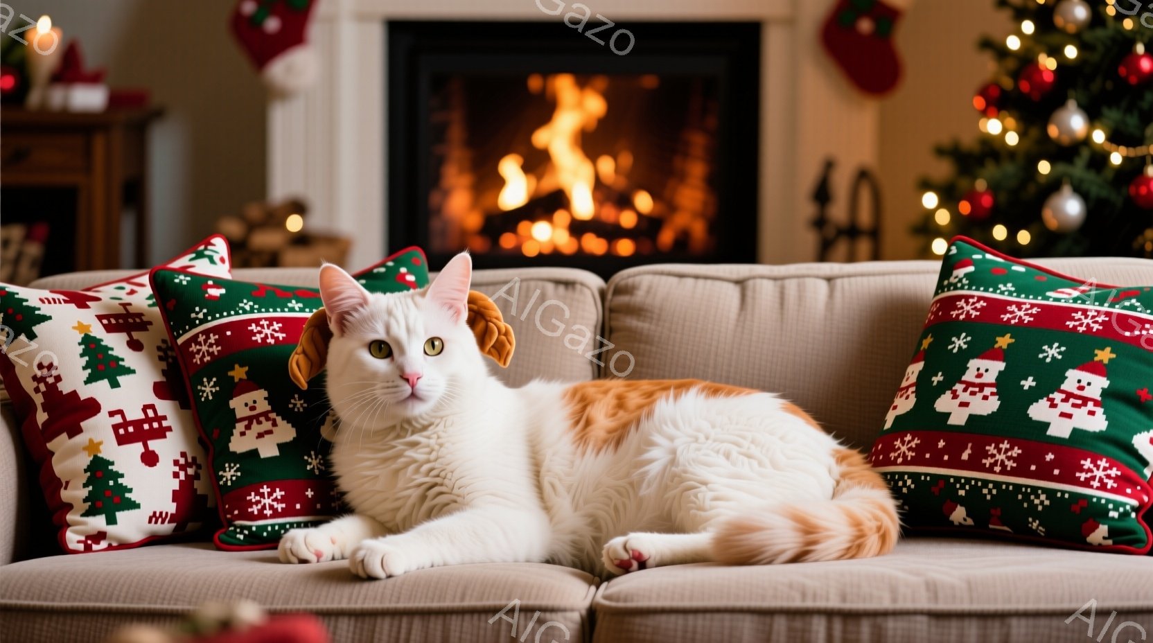 白とオレンジ色の猫が、クリスマスの柄のクッションに挟まれてソファに横たわっています。猫は落ち着いた表情でカメラを見つめており、リラックスした様子が伝わってきます。背景には暖炉の炎とクリスマスツリーが見 - AI生成フリー素材