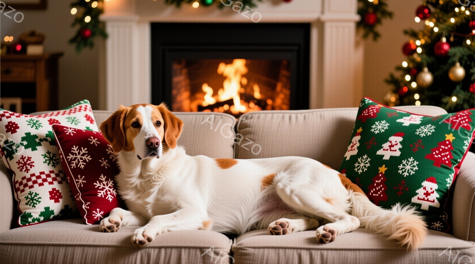 白とオレンジ色の毛並みの犬が、クリスマスの柄のクッションに挟まれてソファでくつろいでいます。背景には暖炉があり、炎が燃え、クリスマスツリーが飾られており、温かく居心地の良い雰囲気を醸し出しています。犬 - AI生成フリー素材