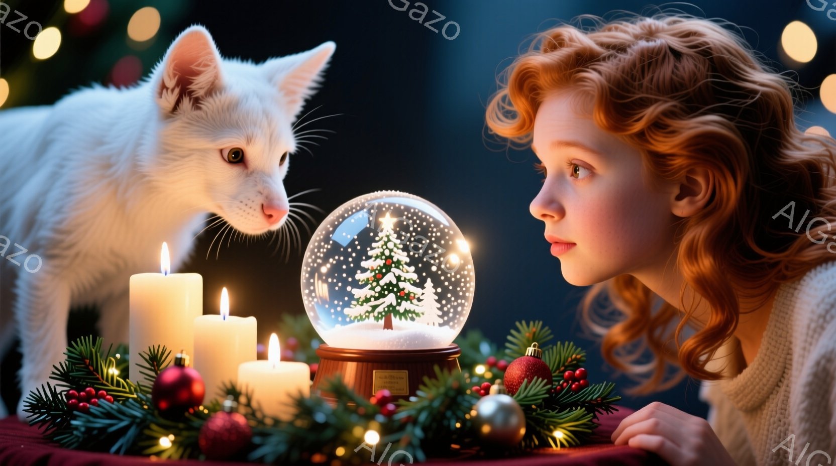 雪に覆われた木製の橋の上に、赤い冠を持つ白い鳥がとまっています。橋には松飾りと点灯されたランタンが並び、奥にはクリスマスツリーのような装飾が見える冬の景色です。全体的に暖かく、穏やかなクリスマスの雰囲気が漂っています。