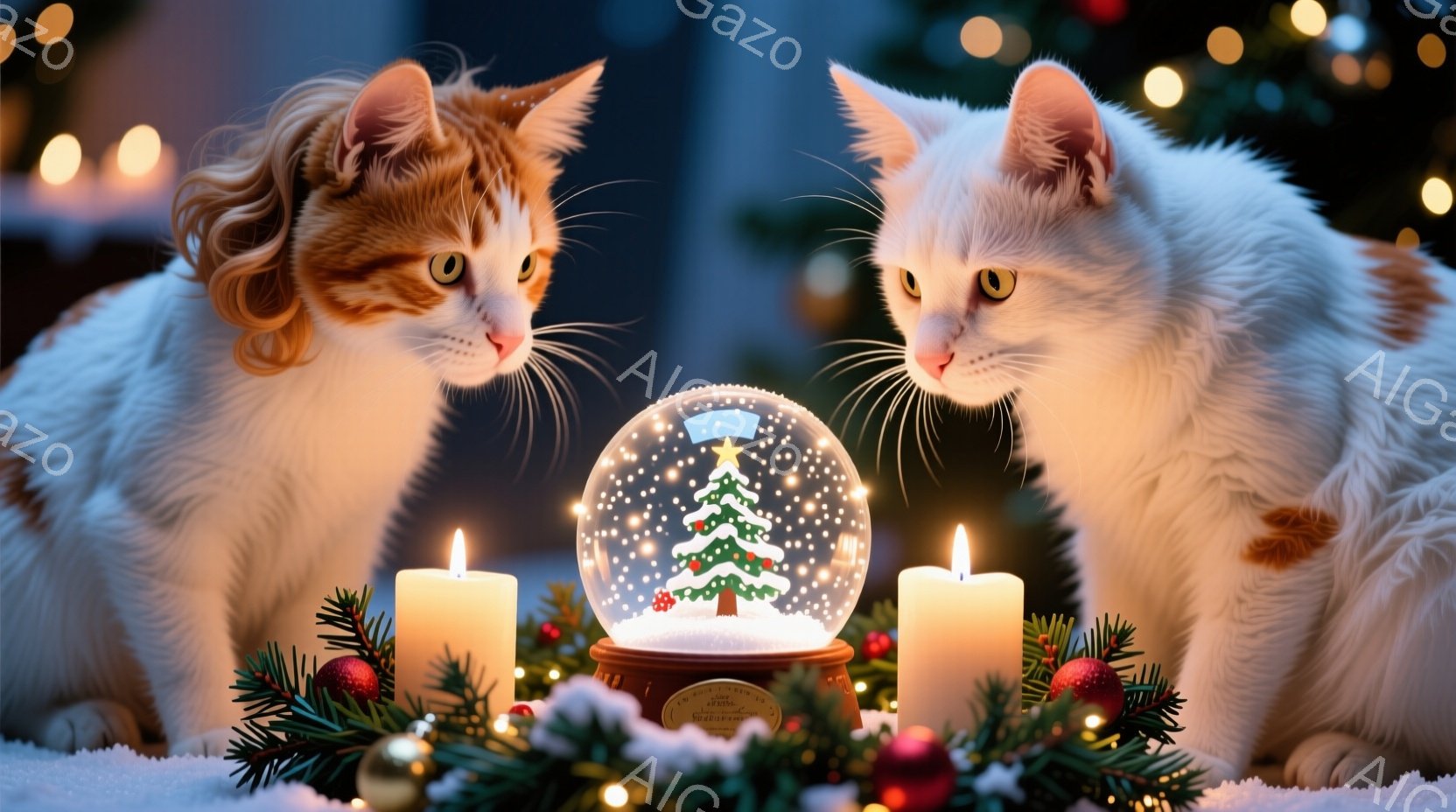 雪が降るクリスマスの風景の中に、オレンジ色のタビー猫と白い猫が寄り添って座っています。二匹はクリスマスのオーナメントである、雪の降るクリスマスツリーが入ったグラスボールを見つめており、温かく穏やかな雰 - AI生成フリー素材
