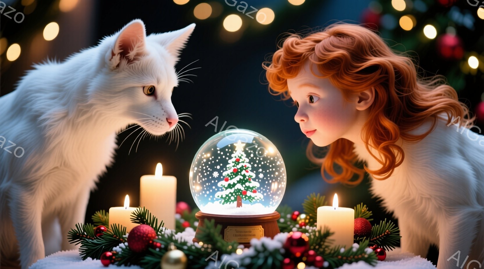 白い猫と赤い髪の少女が、クリスマスオーナメントの雪の玉を見つめている。少女は巻き毛の髪をしており、真剣な表情で雪の玉に集中している。背景には緑色のリース、点灯したキャンドル、そしてぼやけたクリスマスツ - AI生成フリー素材