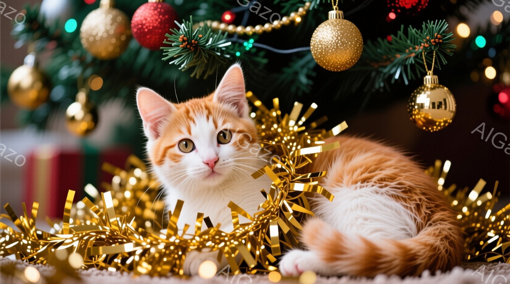 白とオレンジ色の毛並みを持つ子猫が、金色のガーランドに囲まれて横たわっています。子猫は大きな琥珀色の瞳でカメラを見つめ、リラックスした表情をしています。背景にはクリスマスツリーの飾りとプレゼントの箱が見え、暖かくお祝いムードに満ちた雰囲気です。