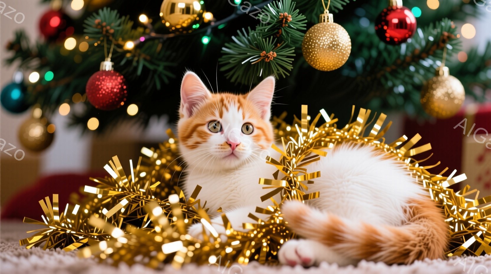 白とオレンジ色の毛並みを持つ子猫が、金色のラメの飾り付けの中に横たわっています。子猫は少し上目遣いでカメラを見ており、リラックスした表情をしています。背景にはクリスマスツリーの緑と、様々な色のオーナメントが見え、温かく華やかなクリスマスの雰囲気を醸し出しています。
