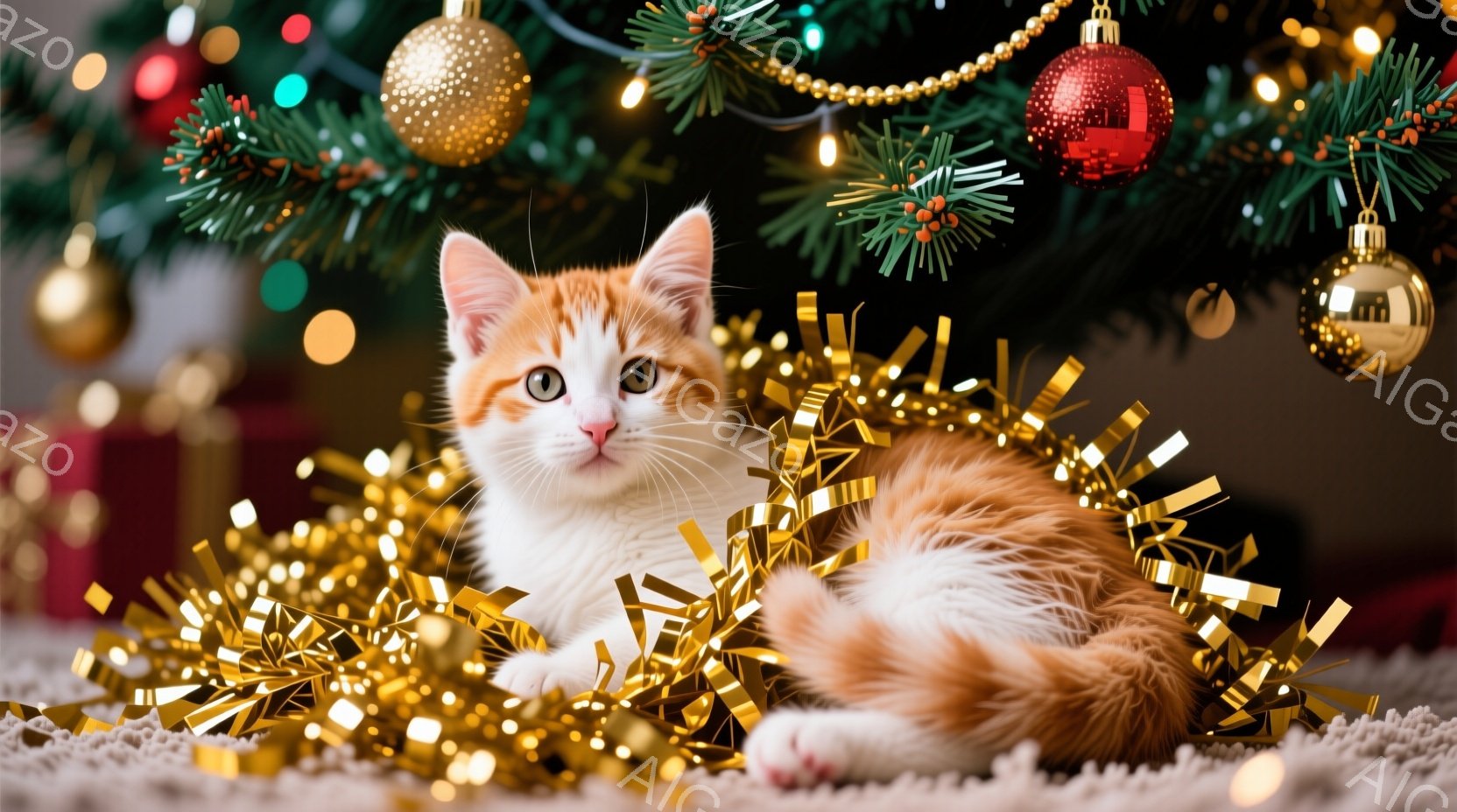 白とオレンジの毛並みを持つ子猫が、金色のガーランドに囲まれてカーペットの上に横たわっています。子猫は前足を伸ばし、リラックスした表情でカメラを見つめており、背景にはクリスマスツリーの緑と装飾がぼんやりと見えます。全体的に暖かく、お祝いムードにあふれた、クリスマスの光景です。